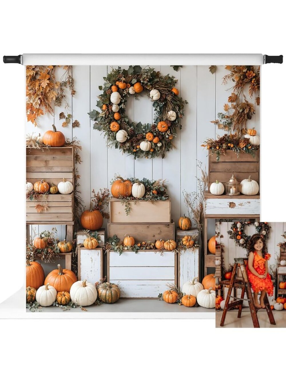 Autumn Photo Backdrop, 8x8ft White Background with Pumpkins for Thanksgiving